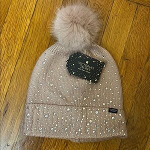 Victoria's Secret-hat with Pom Pom. Bejeweled NEW WITH TAGS. Dusty Pink color